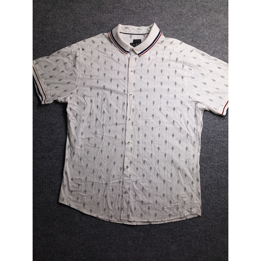 G-NET Mens Large Slim Fit White Geometric Button Up Shirt Short Sleeve Cotton
